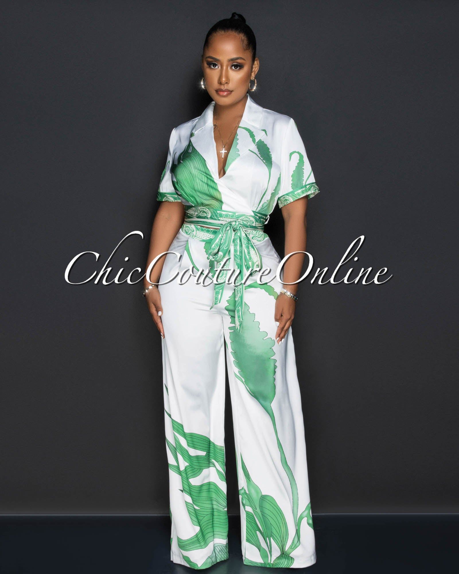 Raney White Green Print Crop Top & Wide Pants Silky Set sold by Chic Couture