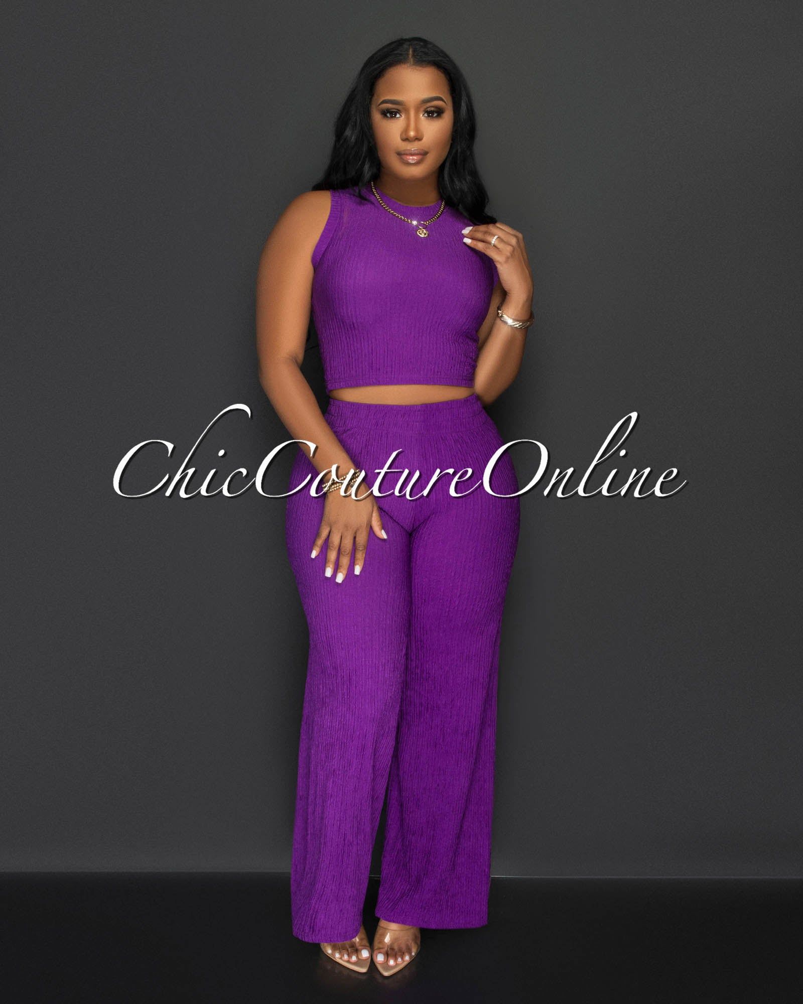 Katye Purple Front Crop Top & Wide Pants Textured Set sold by Chic Couture product image thumbnail 2