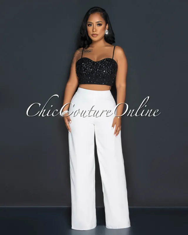 *Emara Black Rhinestones Crop Top & Off-White Wide Pants Set made by Chic Couture