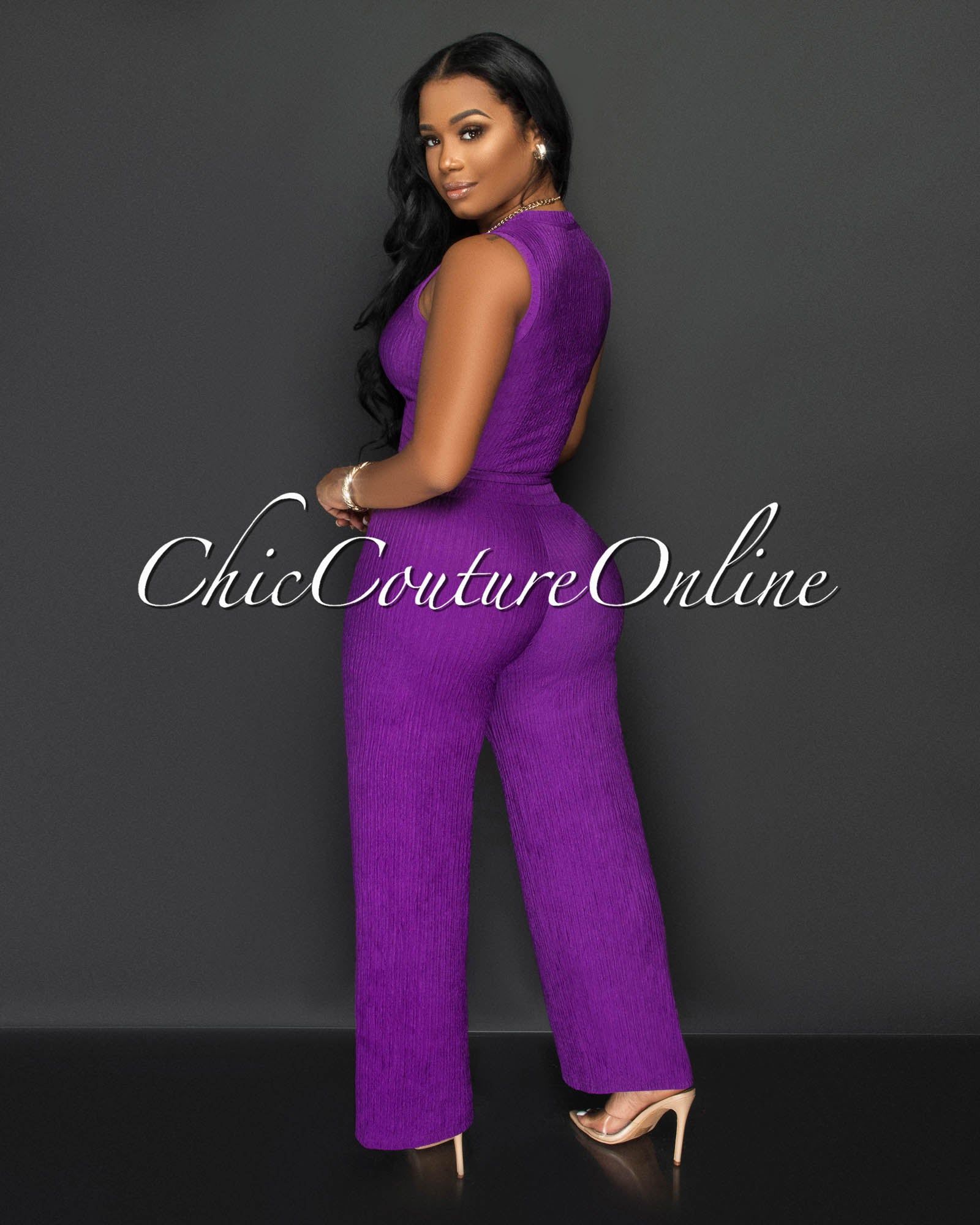 Katye Purple Front Crop Top & Wide Pants Textured Set sold by Chic Couture product image thumbnail 3
