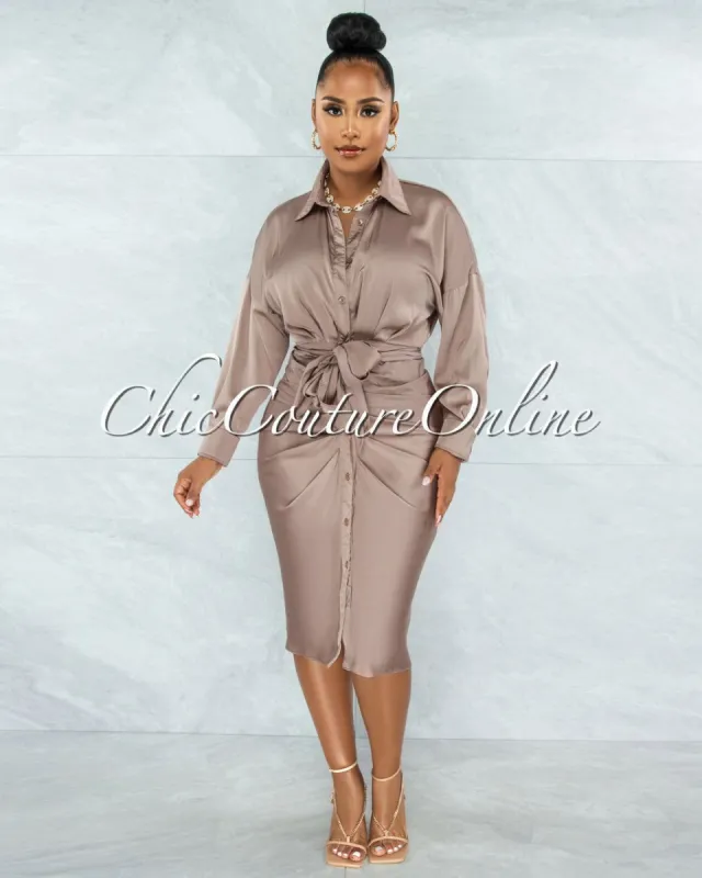 *Michaela Taupe Draped Front Tie Shirt Midi Satin Dress sold by Chic Couture