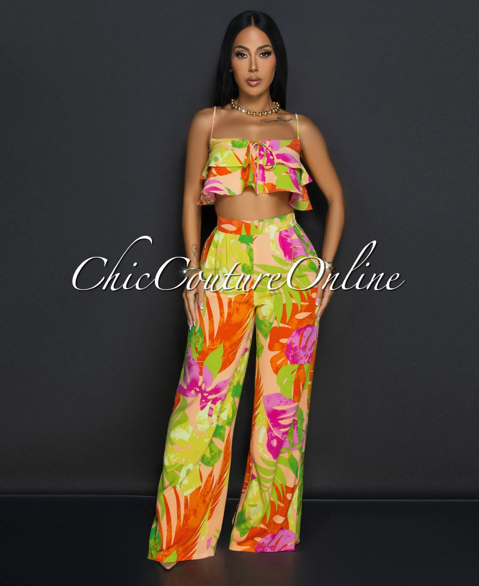 Nikolet Multi-Color Ruffle Crop Top & Pants Set sold by Chic Couture