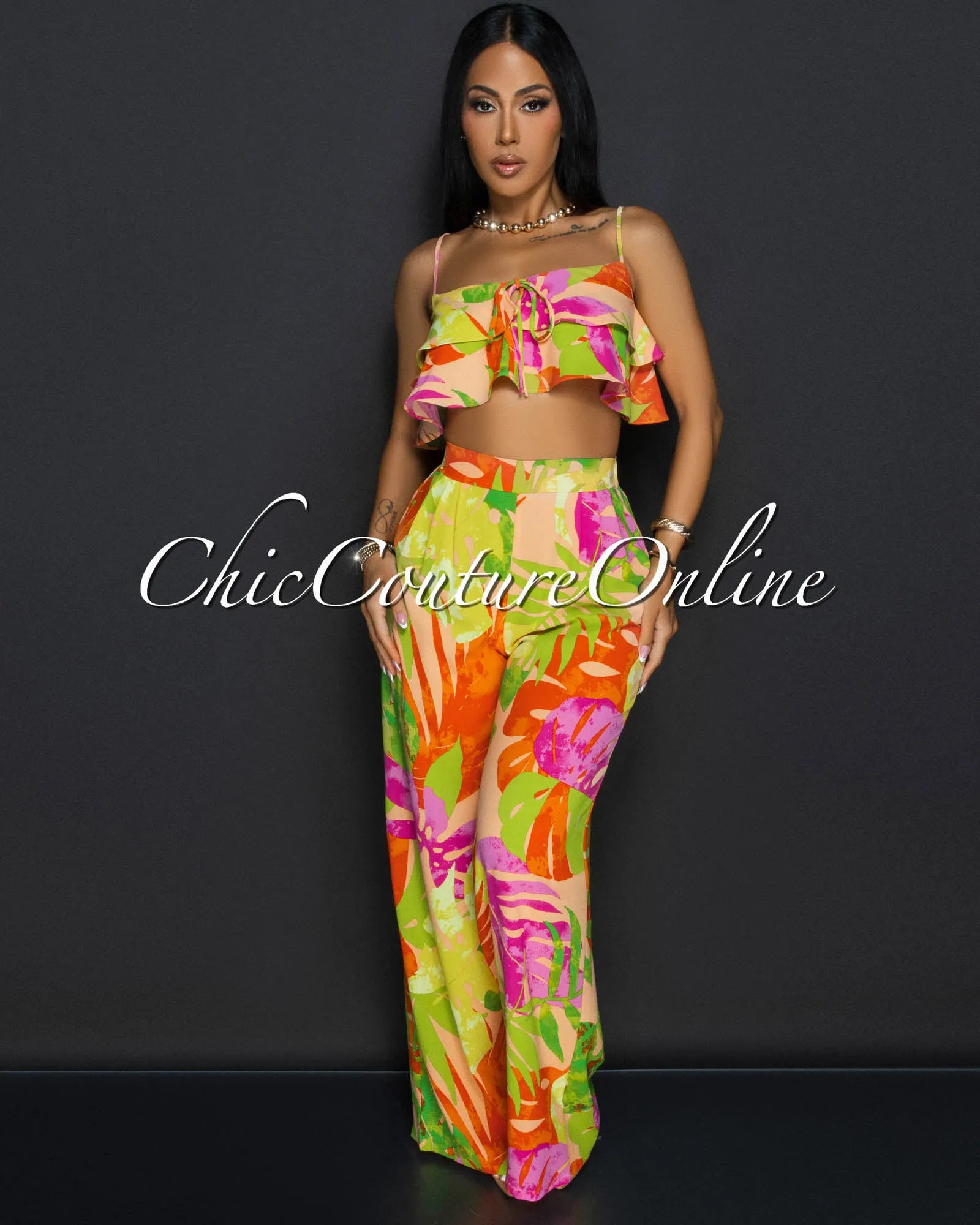 Nikolet Multi-Color Ruffle Crop Top & Pants Set sold by Chic Couture product image thumbnail 3