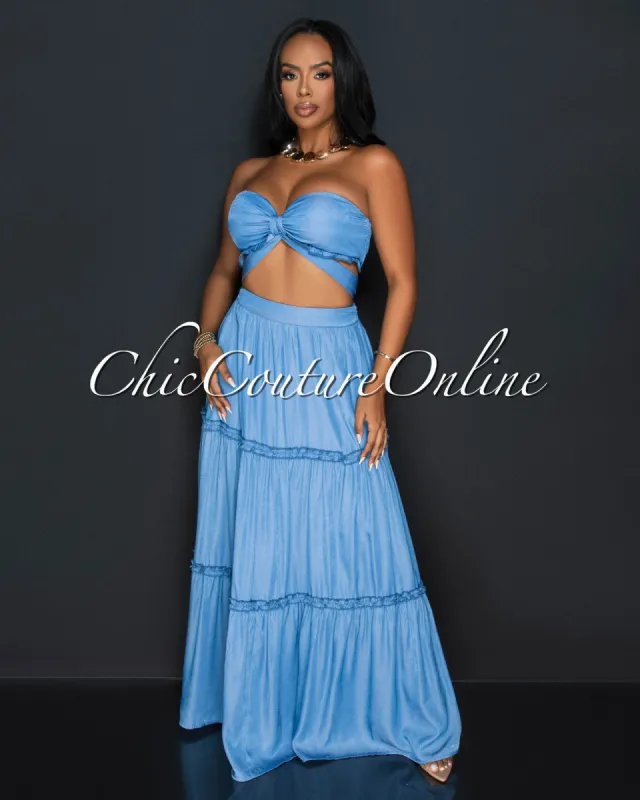 *Nema Blue Tube Tie Ruffle Top & Skirt Chambray Set sold by Chic Couture