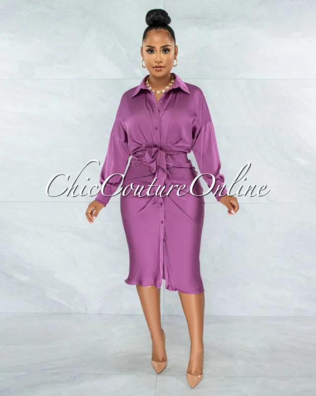 Michaela Mauve Draped Front Tie Shirt Midi Satin Dress sold by chic