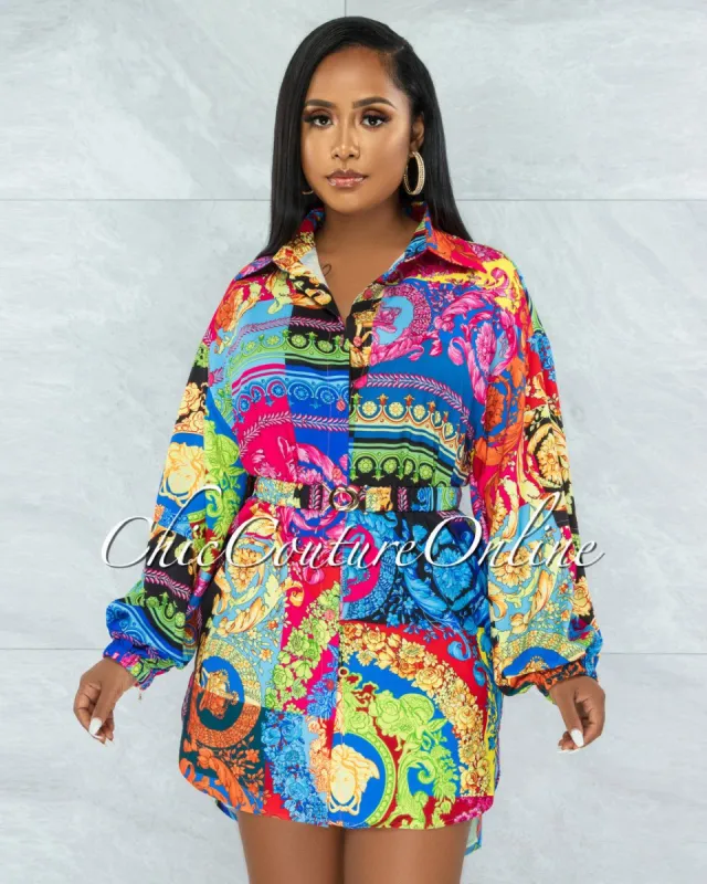 Tetty Pink Multicolor Gold Buckle Belt Shirt Dress sold by chic