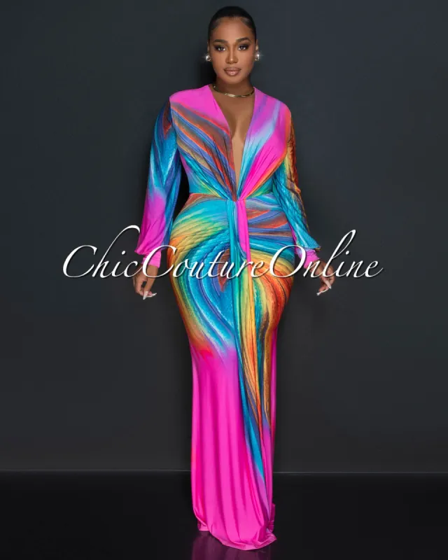 Letina Pink Blue Print Long Sleeves Deep V-Neck Maxi Dress sold by Chic Couture