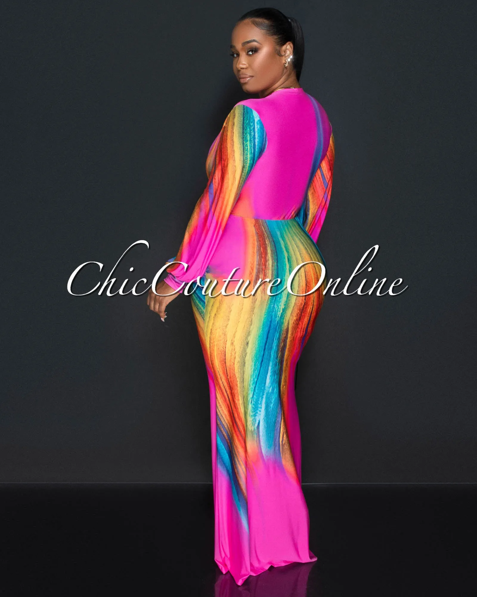 Letina Pink Blue Print Long Sleeves Deep V-Neck Maxi Dress sold by Chic Couture product image thumbnail 2