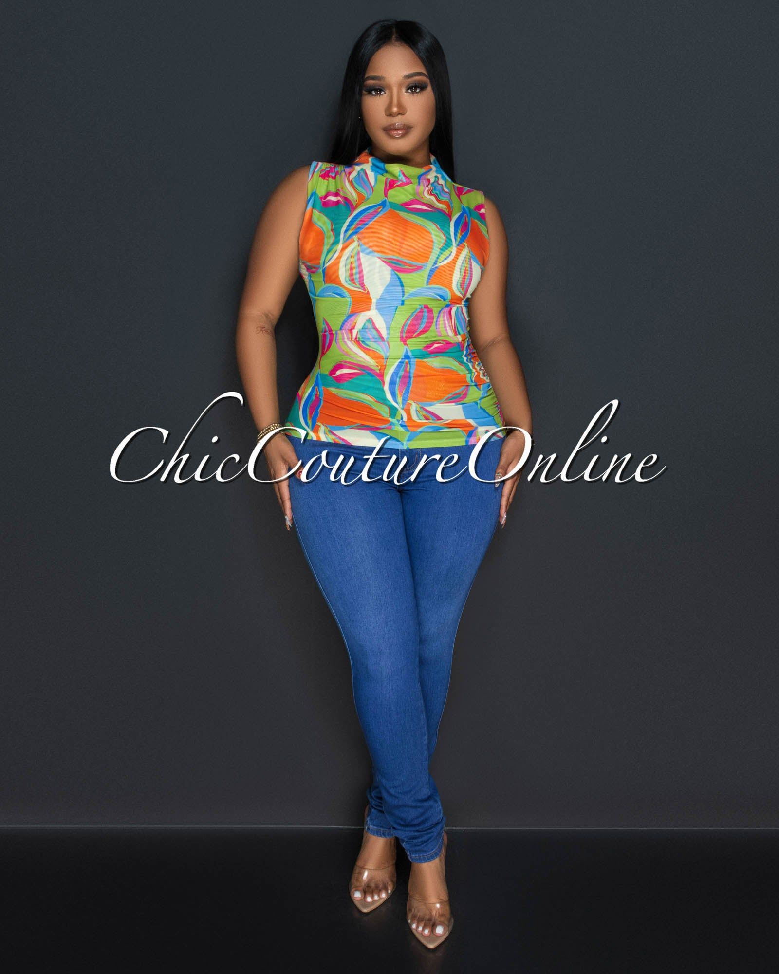 Helia Green Multi-Color Print Mesh Draped Top sold by Chic Couture product image thumbnail 2