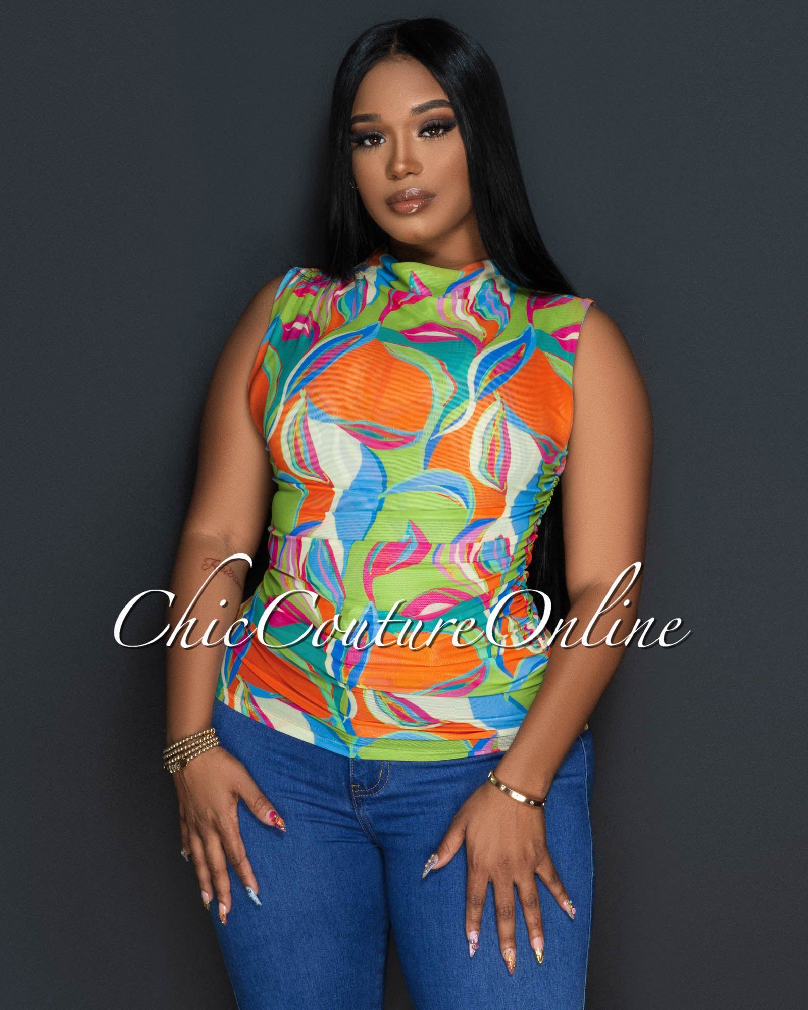 Helia Green Multi-Color Print Mesh Draped Top sold by Chic Couture