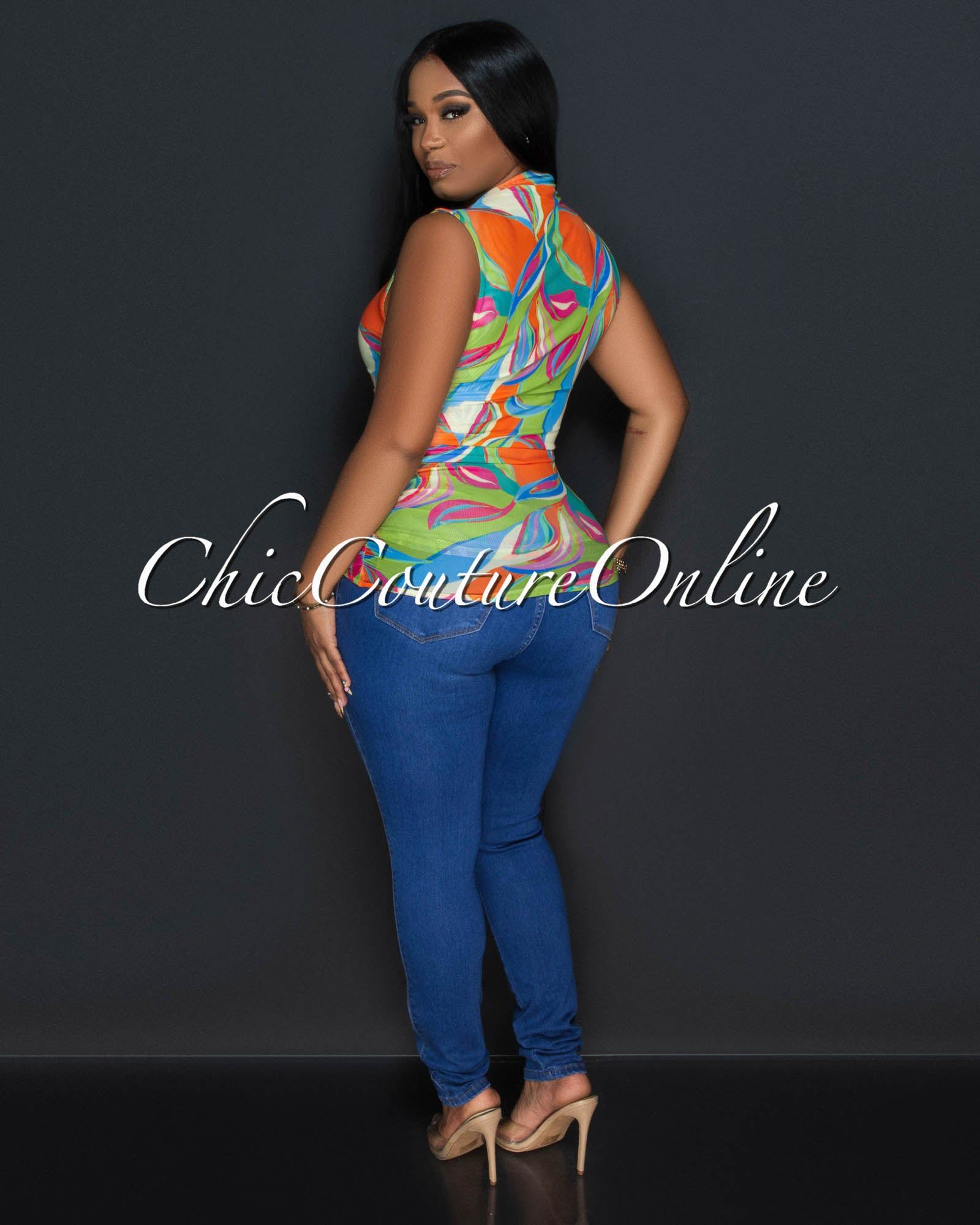 Helia Green Multi-Color Print Mesh Draped Top sold by Chic Couture product image thumbnail 3