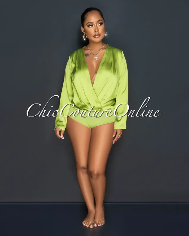 *Terria Apple Green Long Sleeves Draped Silky Bodysuit sold by Chic Couture