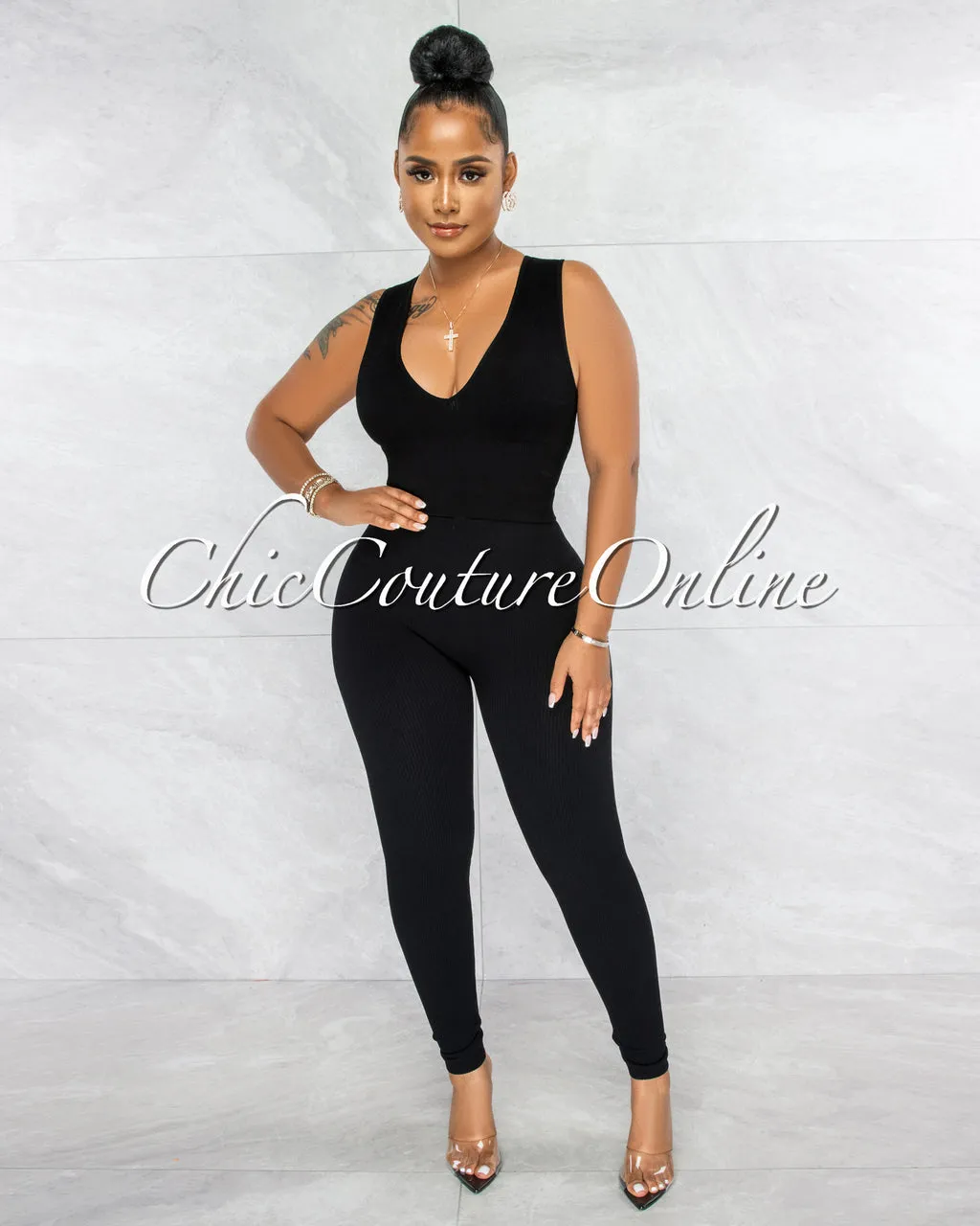 Leonette Black Ribbed SCULPTING Crop Top & Leggings Set sold by Chic Couture
