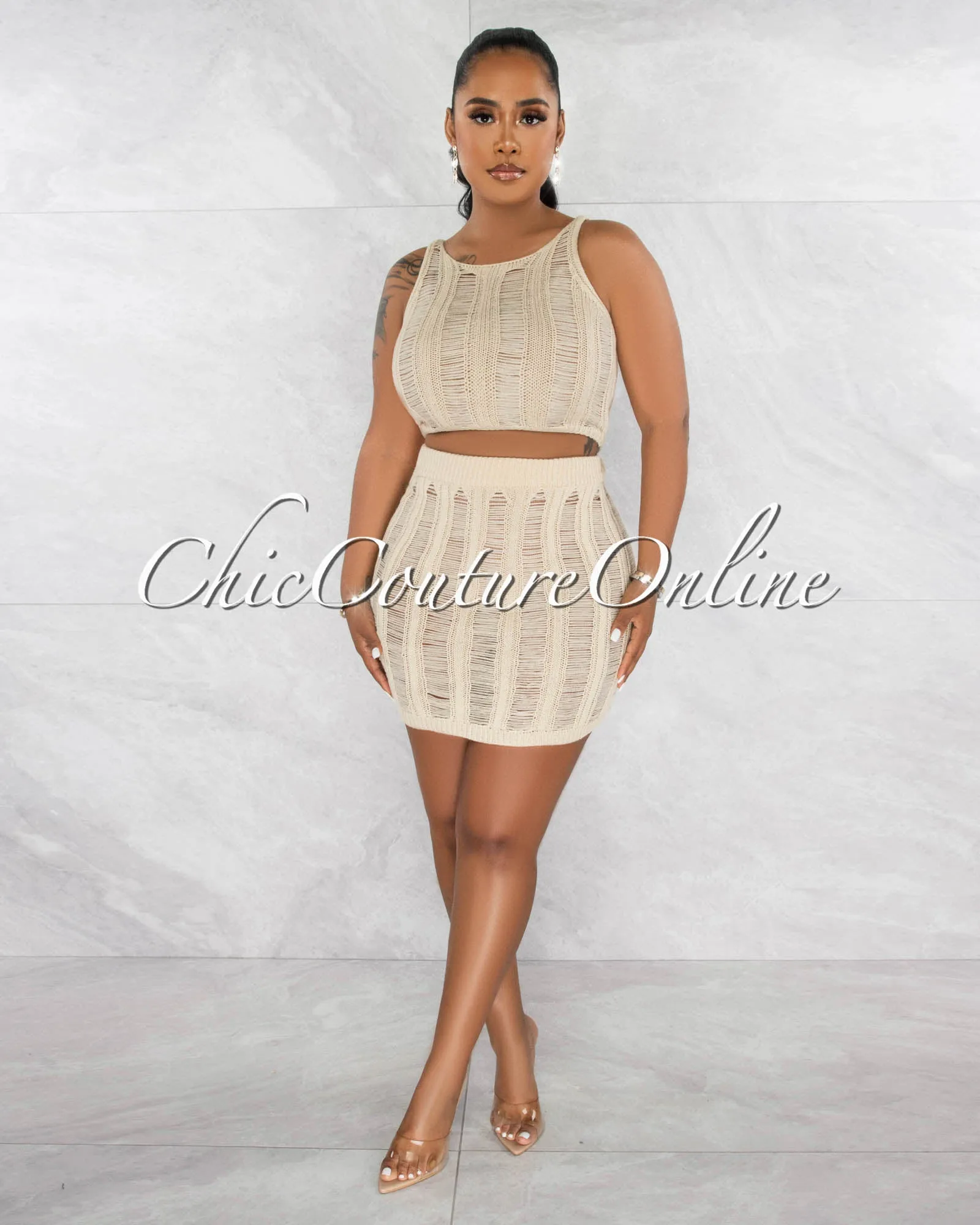 *Mexie Beige Crochet Crop Top & Skirt Cover-Up Set sold by Chic Couture product image thumbnail 2