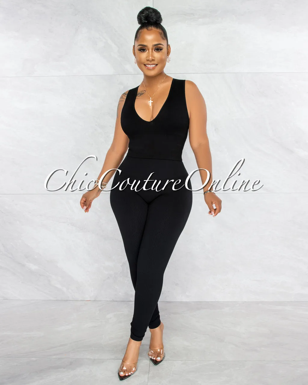 Leonette Black Ribbed SCULPTING Crop Top & Leggings Set sold by Chic Couture product image thumbnail 2