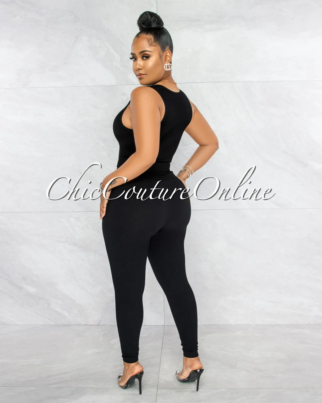 Leonette Black Ribbed SCULPTING Crop Top & Leggings Set sold by Chic Couture product image thumbnail 3