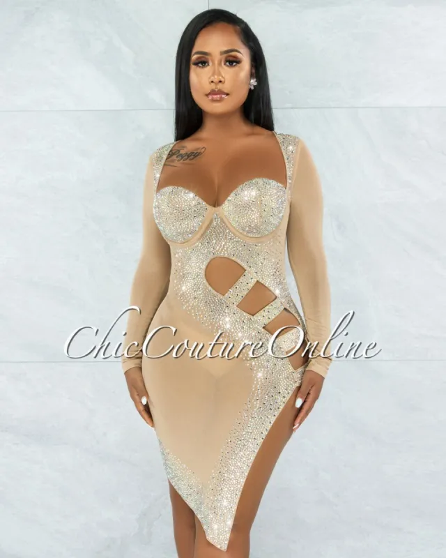 *Damaris Nude Rhinestones Mesh Cut-Out Dress sold by Chic Couture