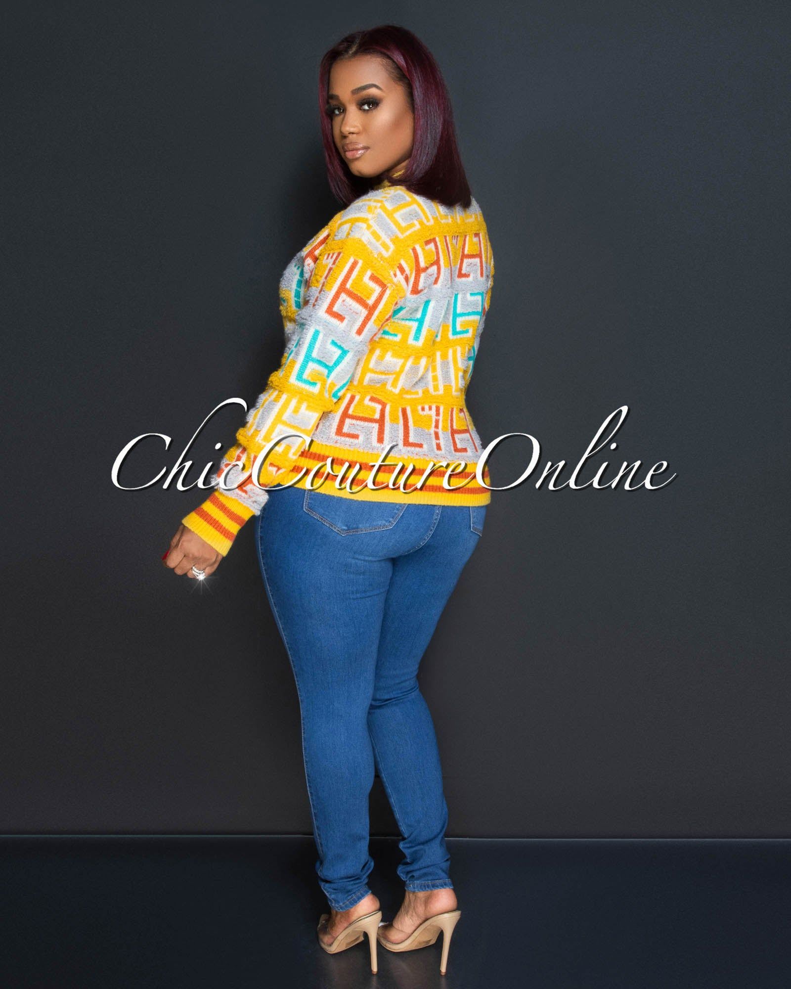 Amari Yellow Multi-Color Print Knit Sweater sold by Chic Couture product image thumbnail 3