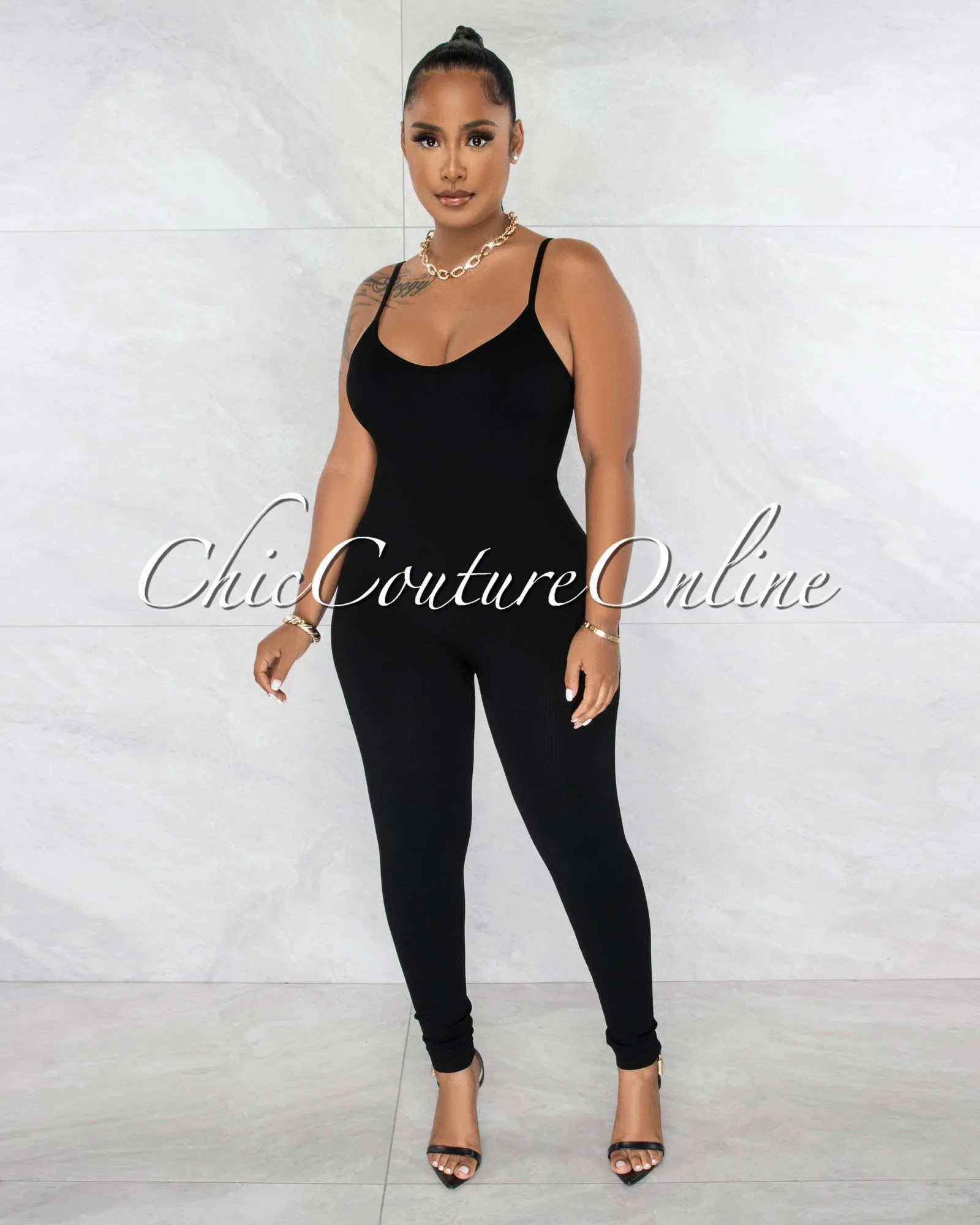 Petal Black Ribbed BodyCon Jumpsuit sold by Chic Couture product image thumbnail 2