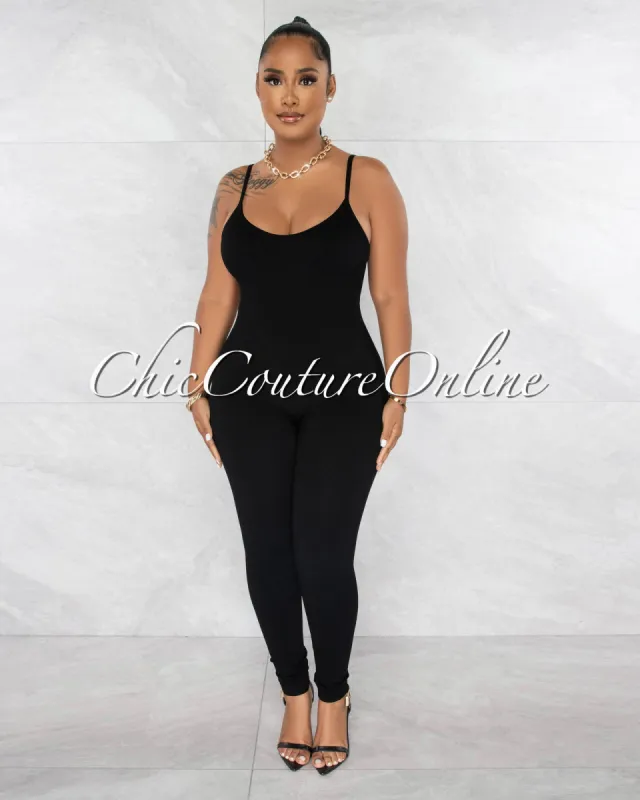 Petal Black Ribbed BodyCon Jumpsuit sold by Chic Couture