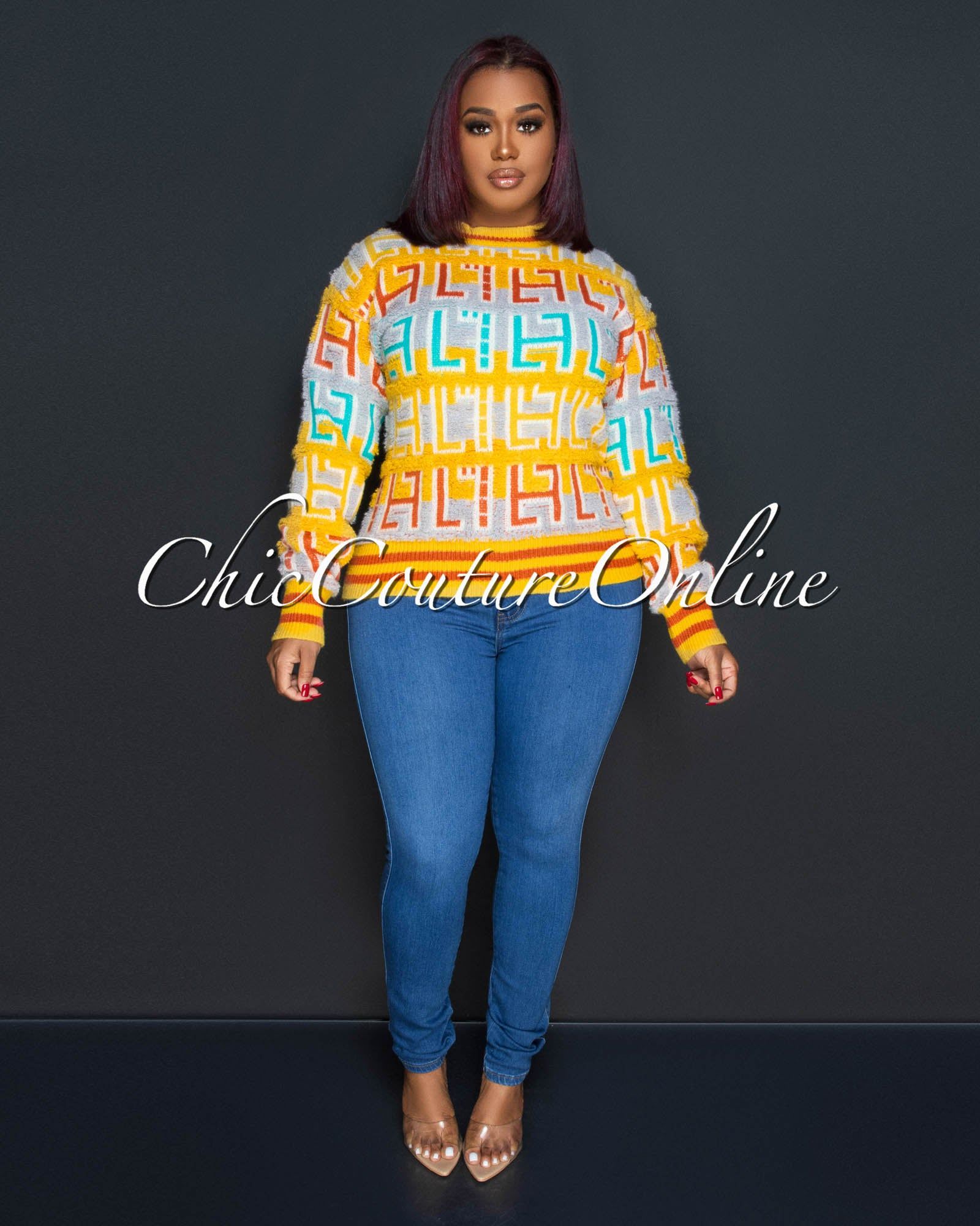 Amari Yellow Multi-Color Print Knit Sweater sold by Chic Couture