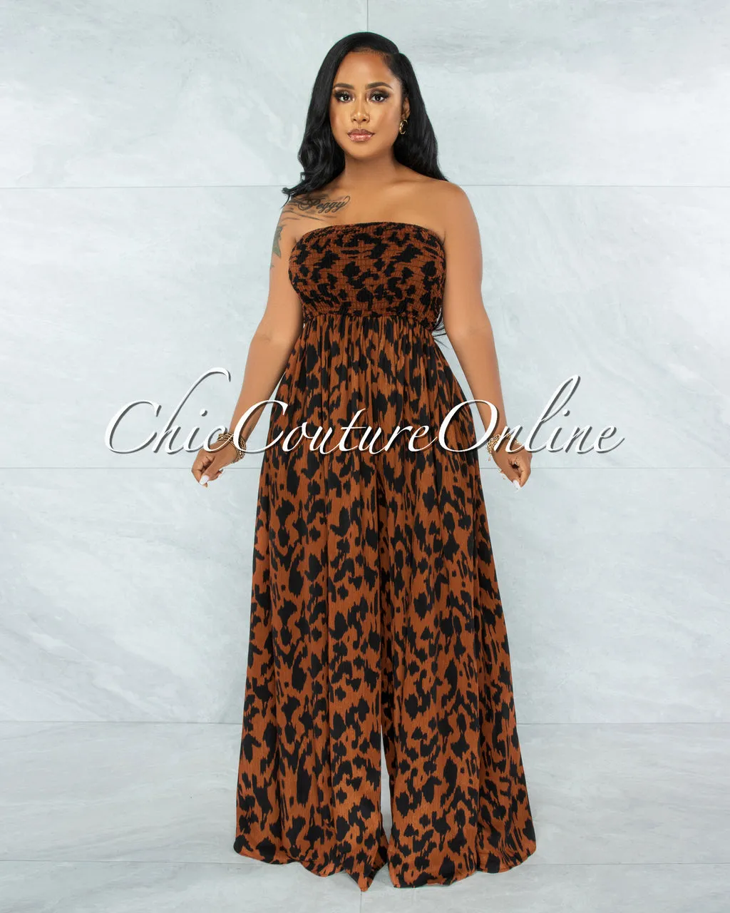 Perona Leopard Print Smocked Top Jumpsuit sold by Chic Couture
