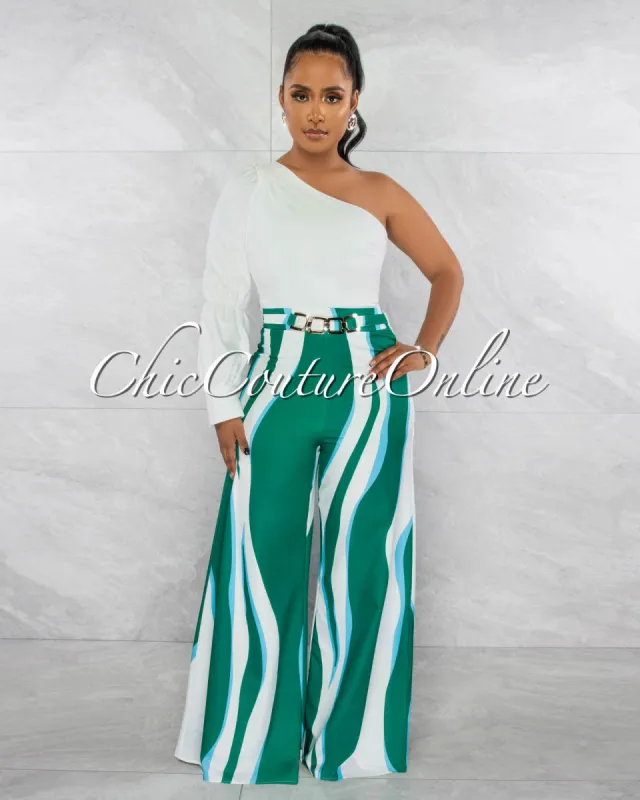 *Comita Off-White Green Gold Link Belt Single Sleeve Jumpsuit sold by Chic Couture