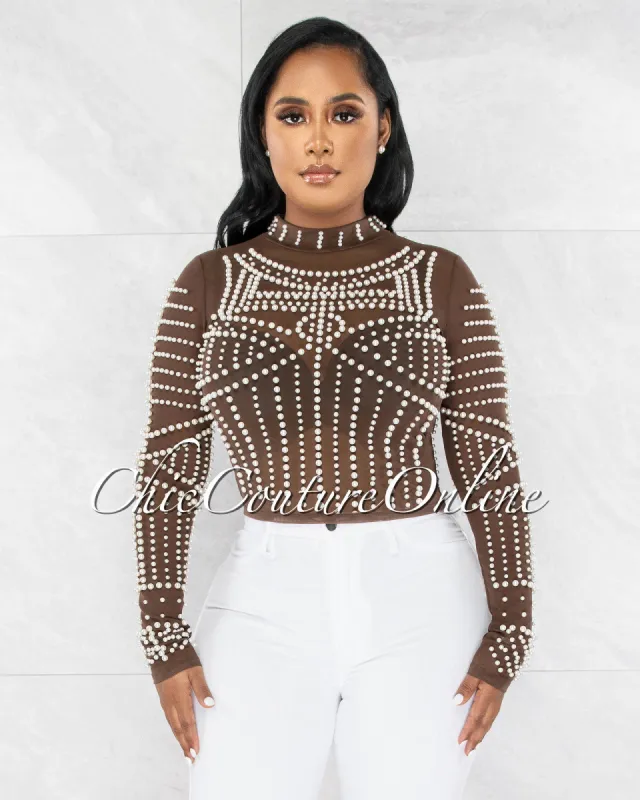 *Shakk Brown Mesh Pearl Decor Luxe Sheer Crop Top sold by Chic Couture
