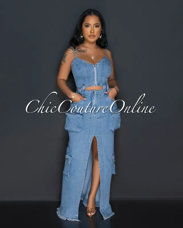 *Jilian Medium Denim Crop Top & Maxi Cargo Skirt Set sold by Chic Couture