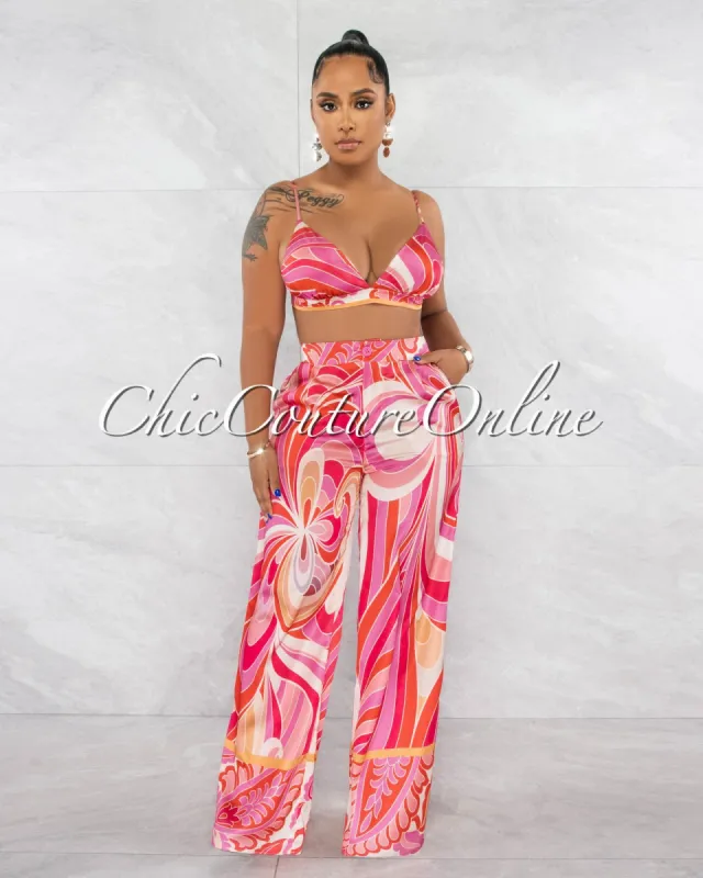 *Oriel Pink Orange Crop Top & Pants Silky Set sold by Chic Couture