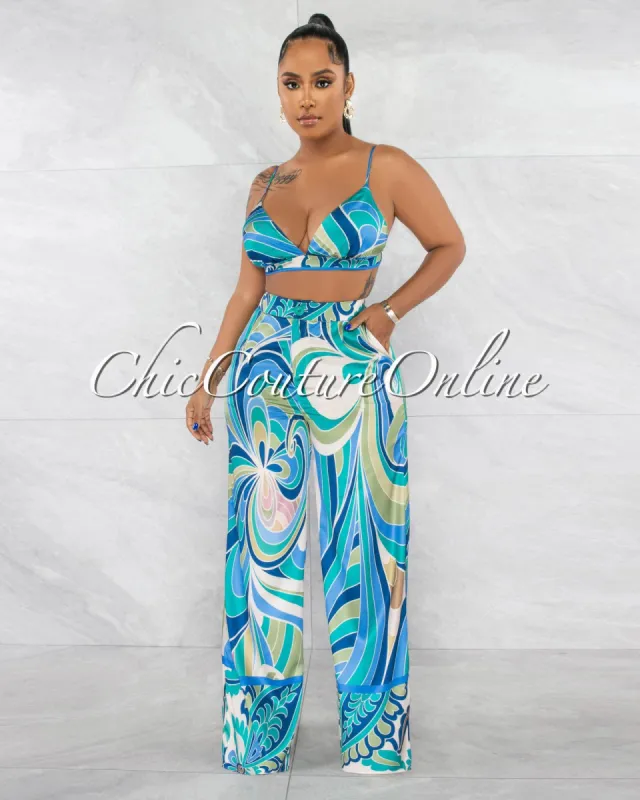 *Oriel Green Blue Crop Top & Pants Silky Set sold by Chic Couture
