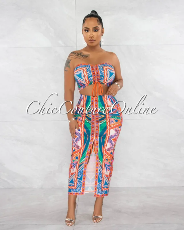 Louise Multi-Color Print Crop Top & Ruched Midi Skirt Set sold by chic