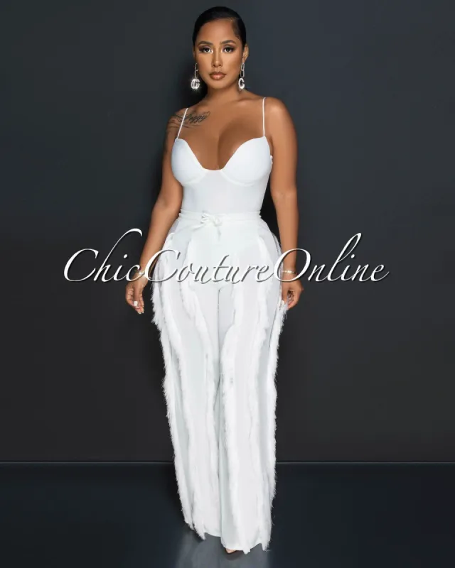 Cofra Off-White Padded Cups Bodysuit & Fringe Pants Set sold by Chic Couture