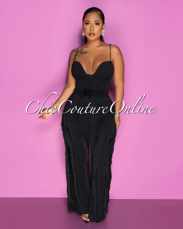 Cofra Black Padded Cups Bodysuit & Fringe Pants Set sold by Chic Couture