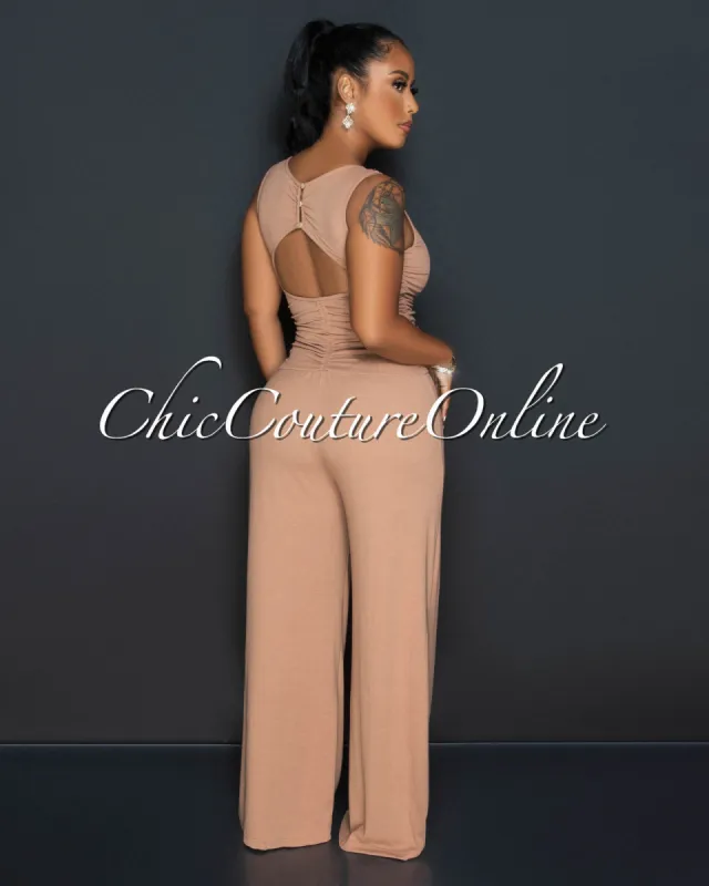 *Beverly Mocha Ruched Bust Back Key-Hole Jumpsuit sold by Chic Couture
