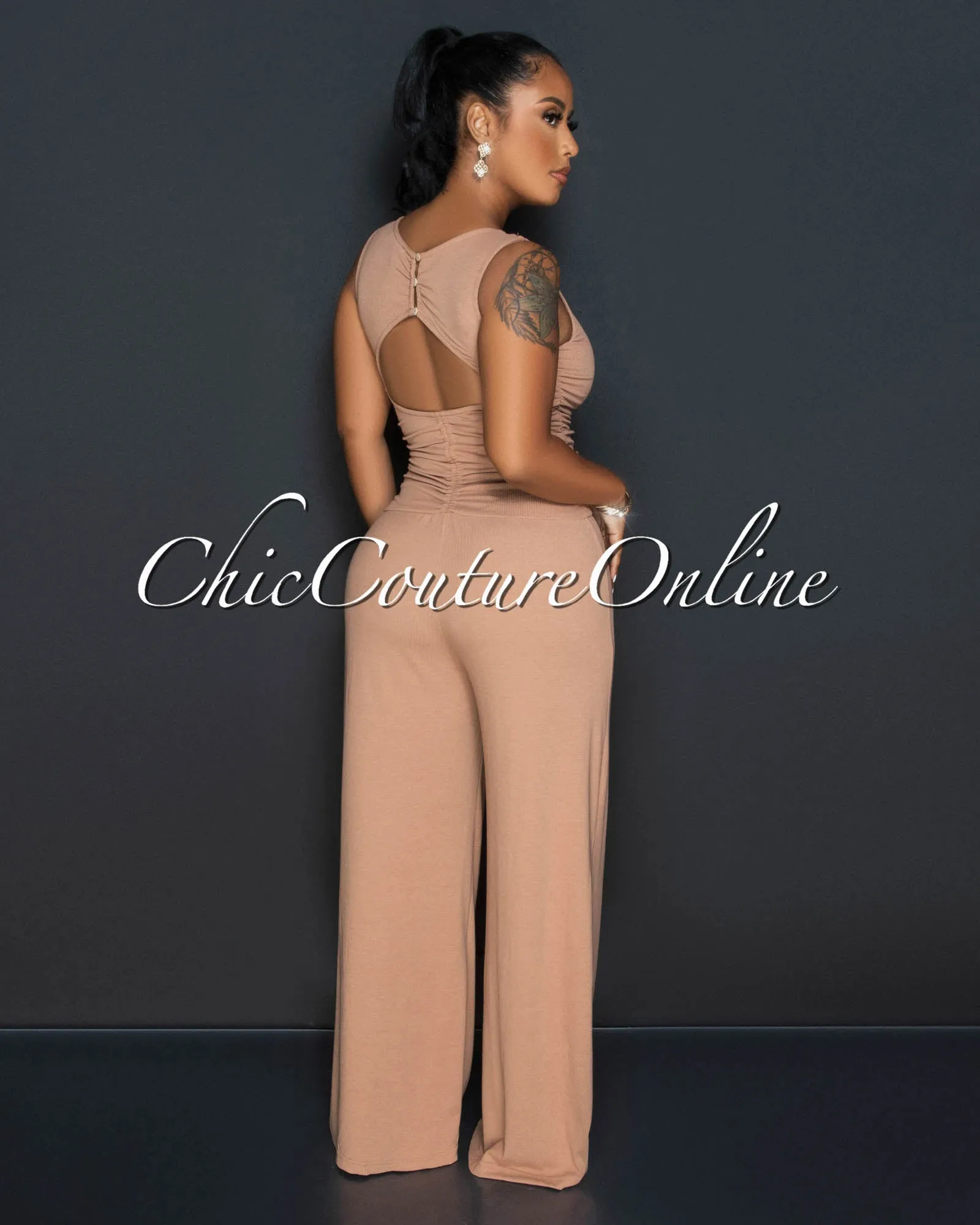 *Beverly Mocha Ruched Bust Back Key-Hole Jumpsuit sold by Chic Couture