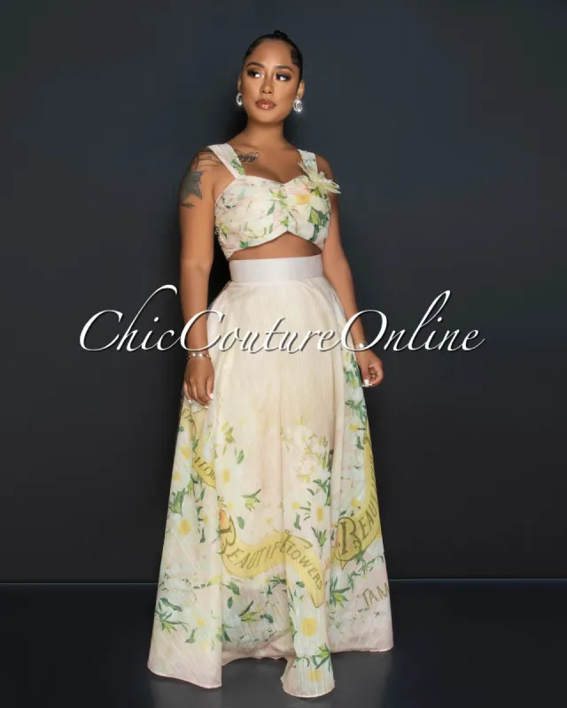 Lonnie Beige Floral Print Crop Top & Maxi Skirt Set sold by Chic Couture