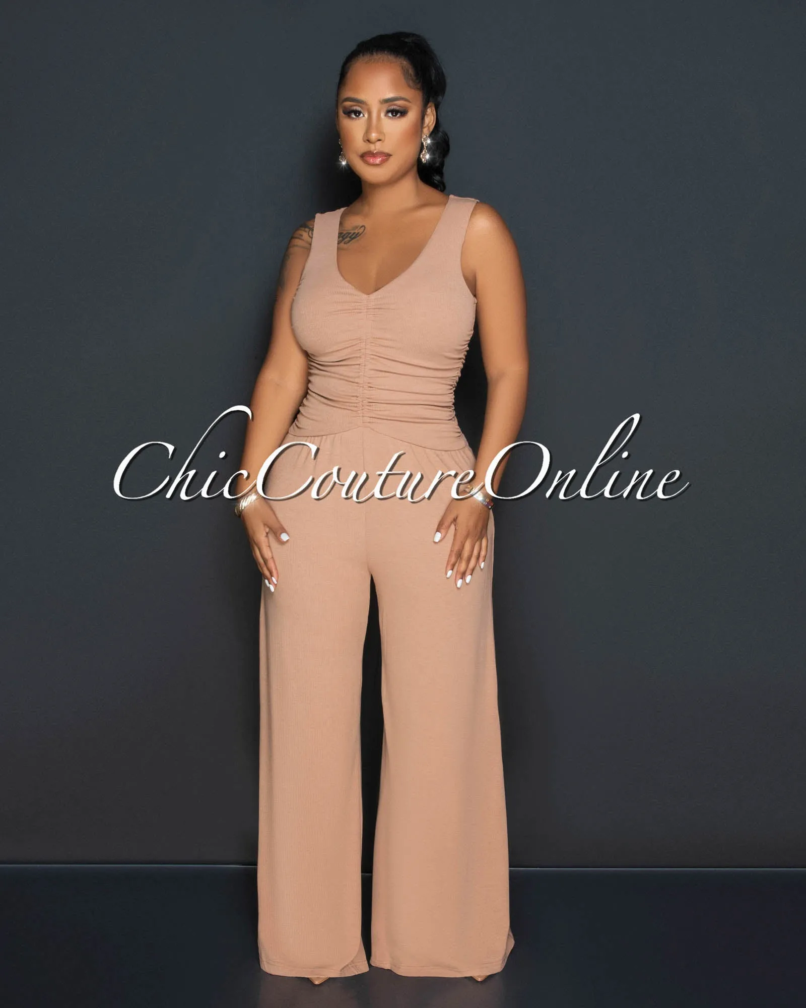 *Beverly Mocha Ruched Bust Back Key-Hole Jumpsuit sold by Chic Couture product image thumbnail 2