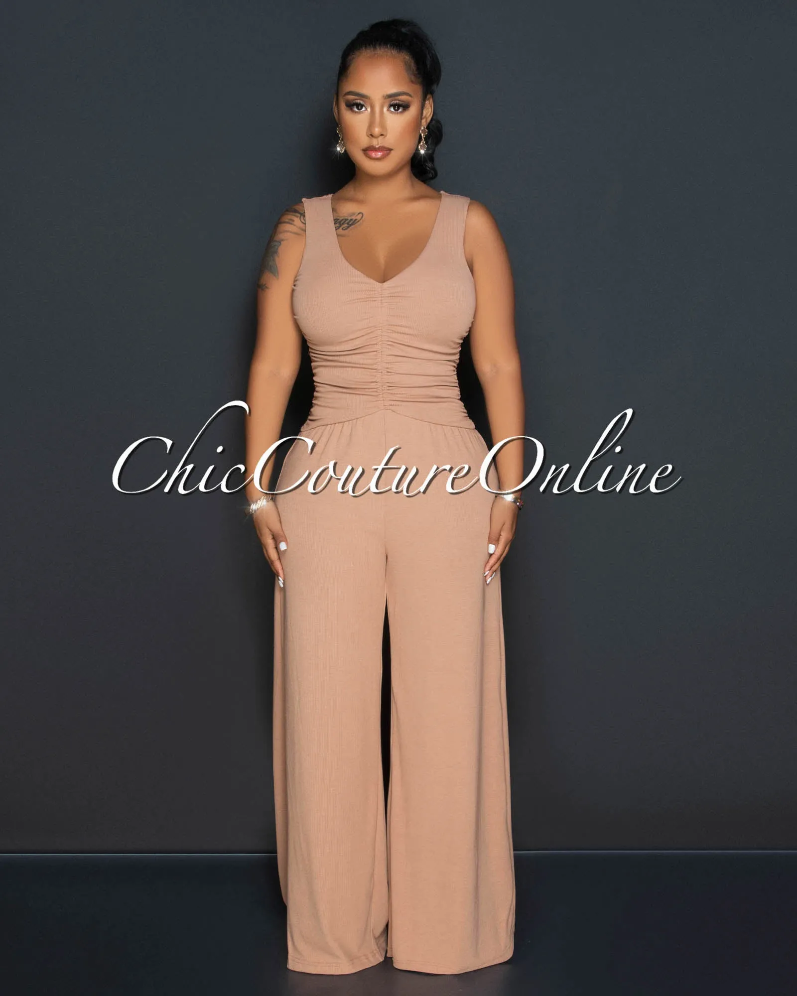 *Beverly Mocha Ruched Bust Back Key-Hole Jumpsuit sold by Chic Couture product image thumbnail 3