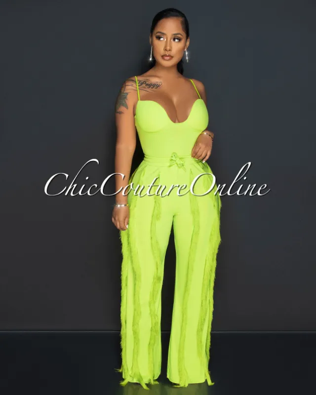 Cofra Neon Lime Padded Cups Bodysuit & Fringe Pants Set sold by Chic Couture