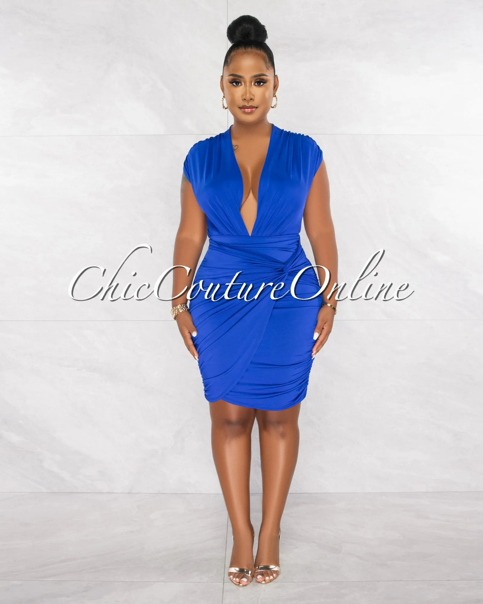*Ovida Royal Blue Draped Bodysuit & Overlay Skirt Set sold by Chic Couture