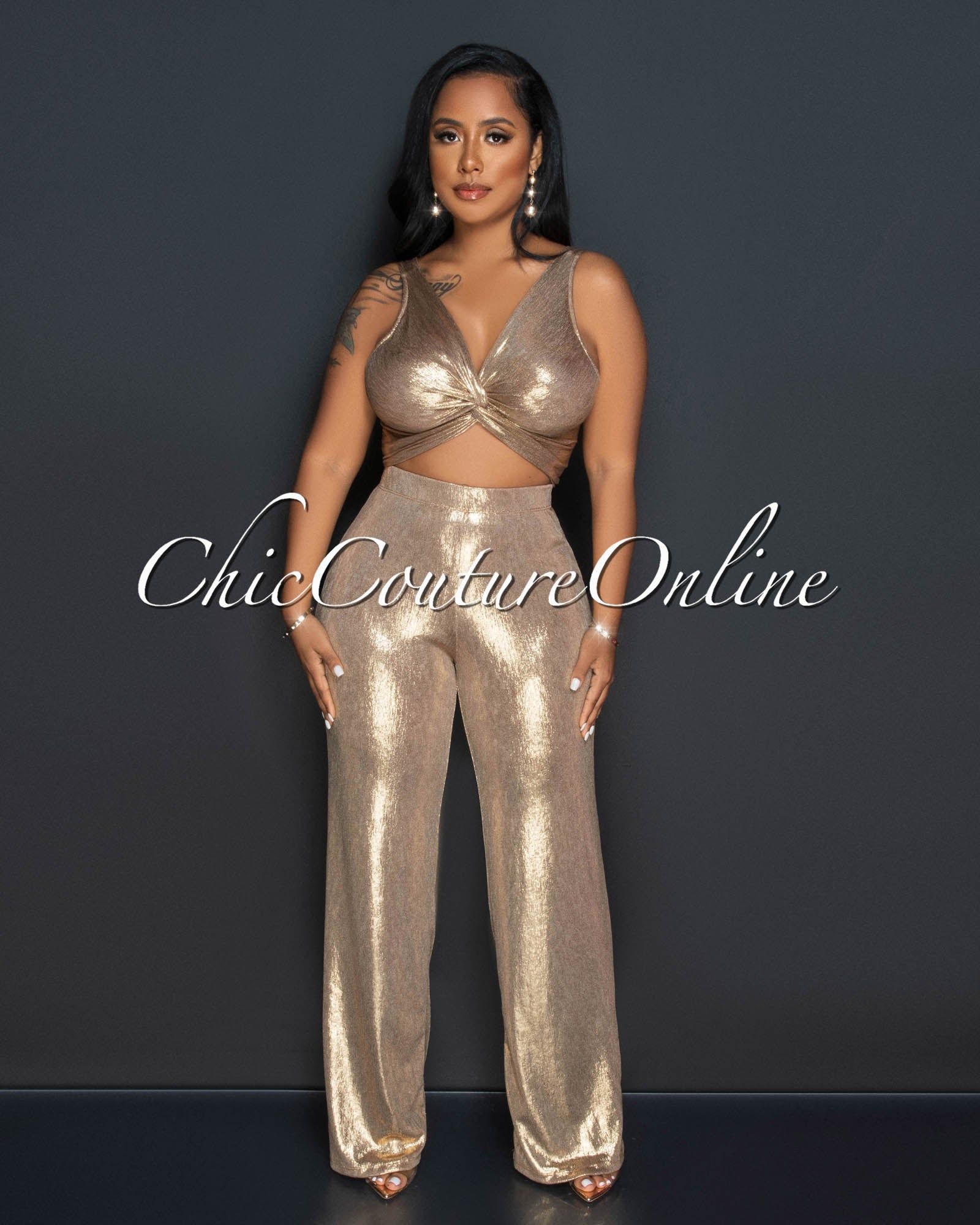 Elsie Gold Front Knot Crop Top & Wide Leg Pants Set sold by Chic Couture