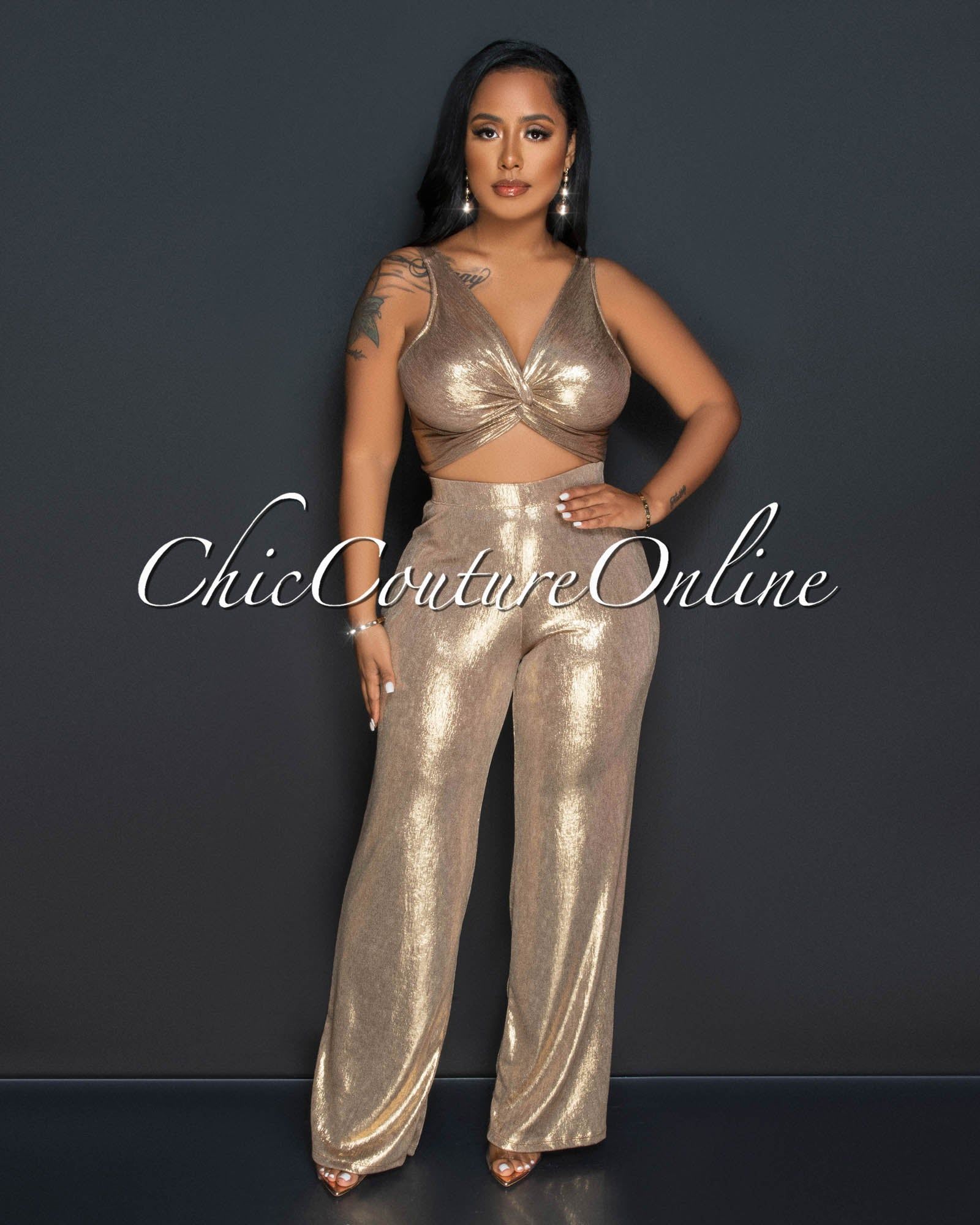 Elsie Gold Front Knot Crop Top & Wide Leg Pants Set sold by Chic Couture product image thumbnail 2