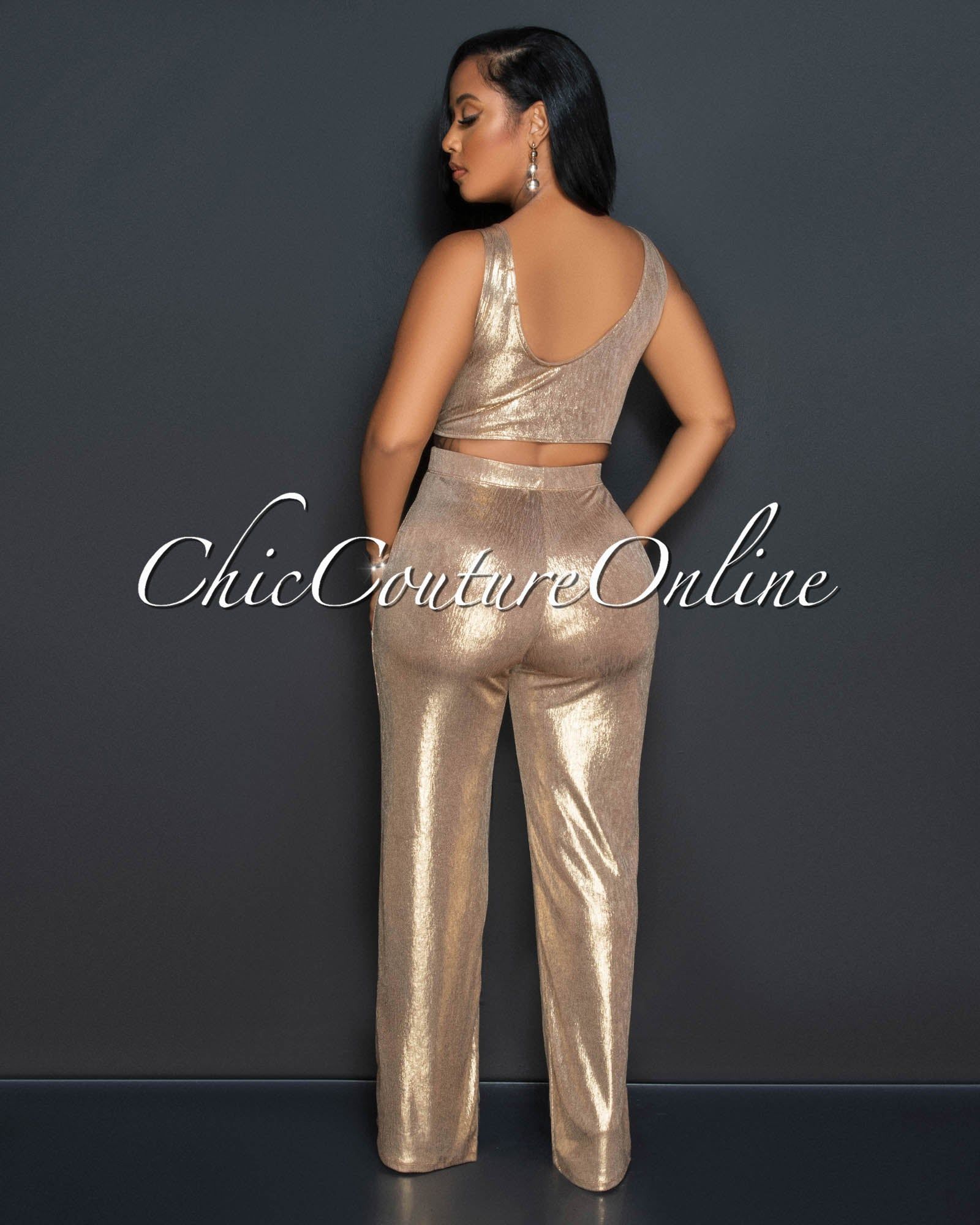 Elsie Gold Front Knot Crop Top & Wide Leg Pants Set sold by Chic Couture product image thumbnail 3