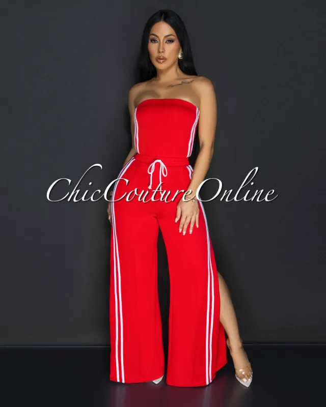 Gabbi Red White Stripes Sporty Strapless Jumpsuit sold by Chic Couture