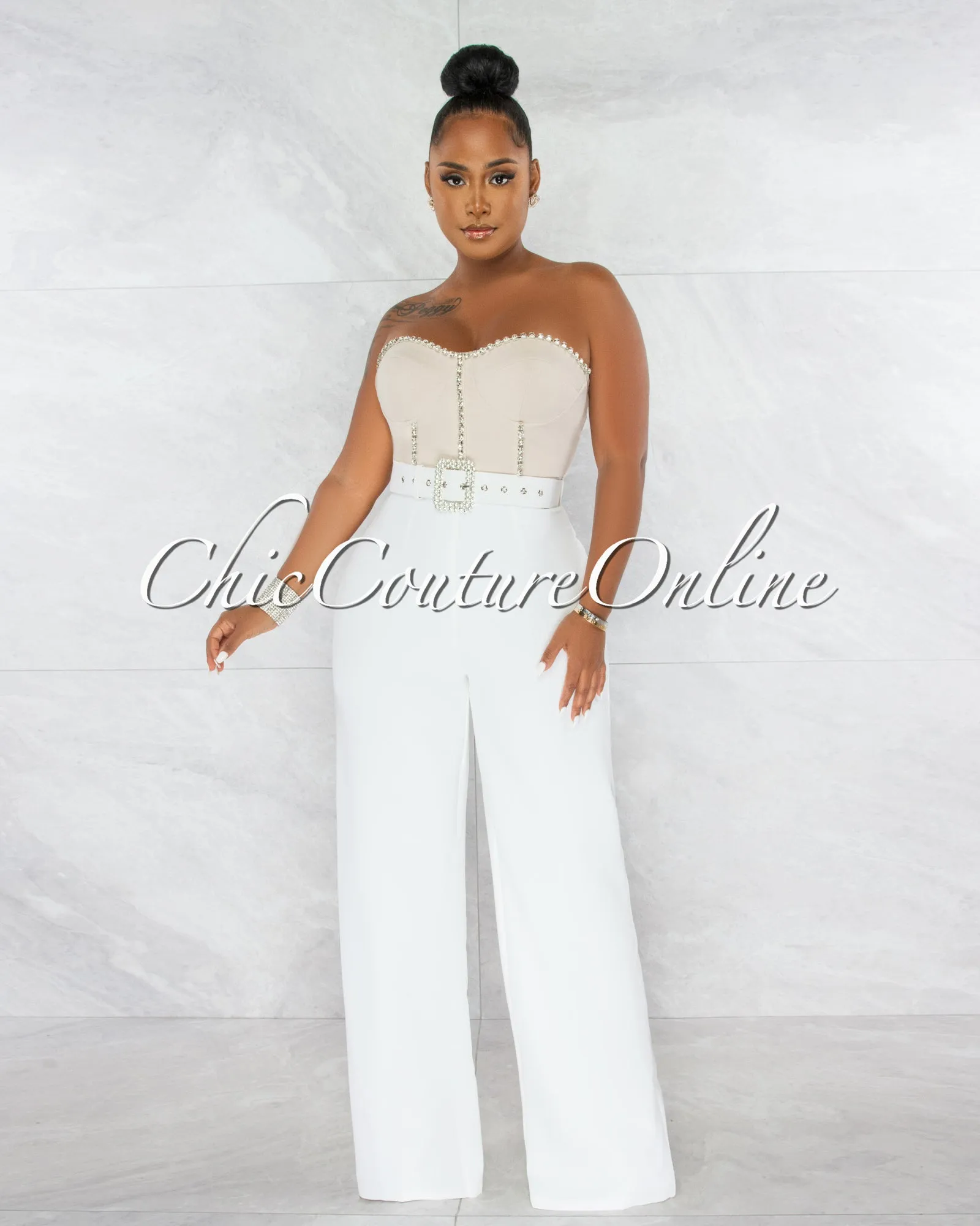 *Millen Nude White Rhinestones Belt Luxe Jumpsuit sold by Chic Couture