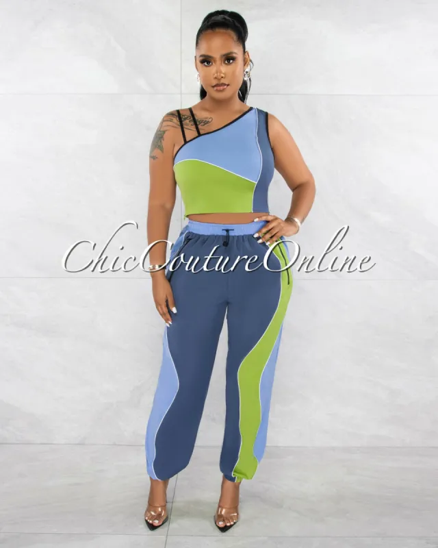 *Colina Blue Green Crop Top & Joggers Sporty Set sold by Chic Couture