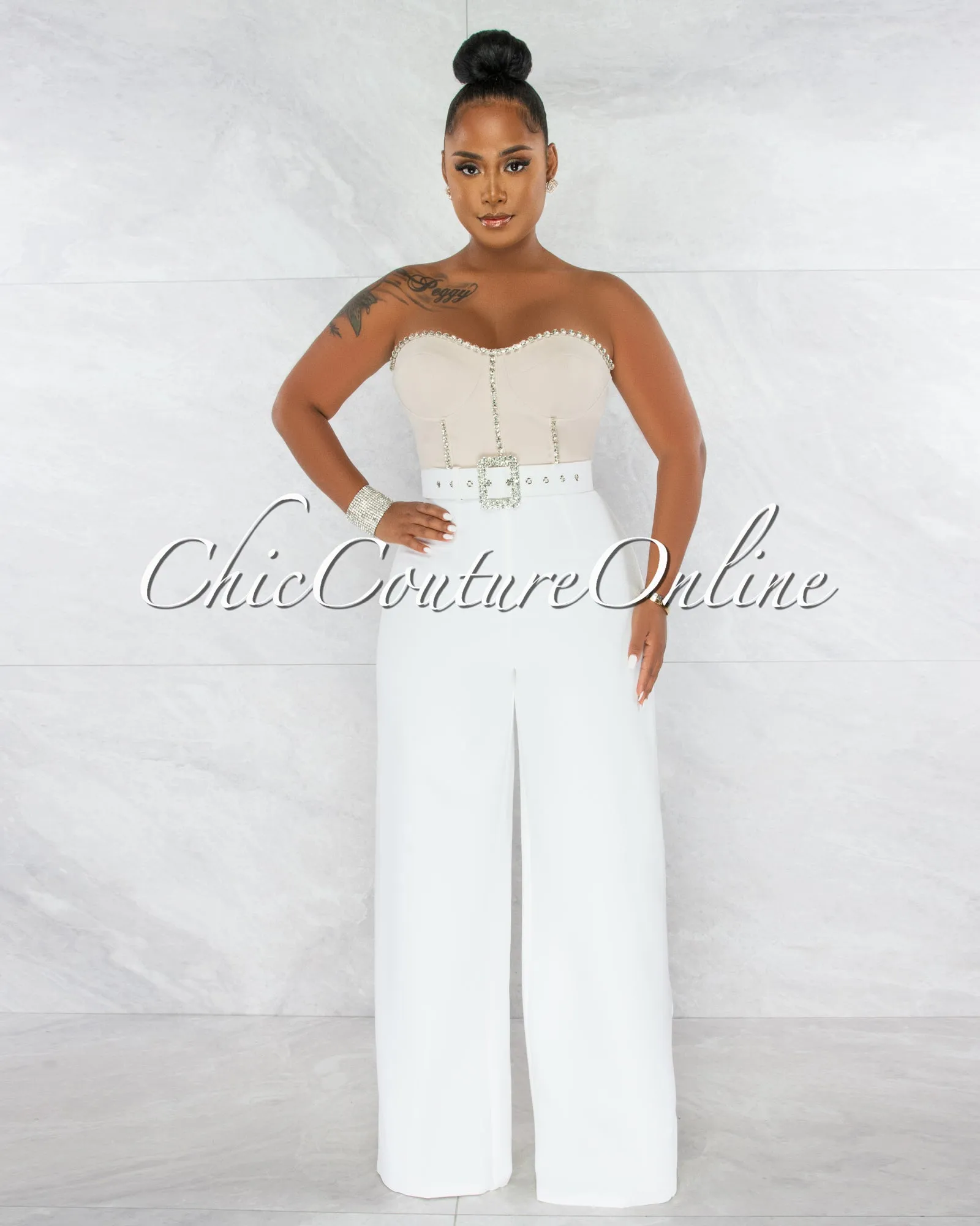 *Millen Nude White Rhinestones Belt Luxe Jumpsuit sold by Chic Couture product image thumbnail 2