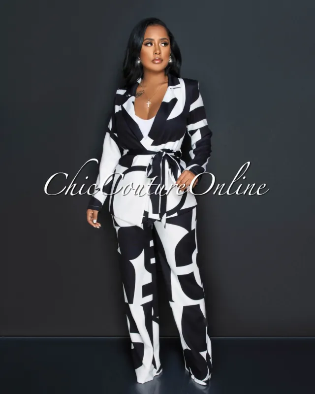 Janeen Black White Print Self-Tie Blazer & Wide Pants Set sold by Chic Couture
