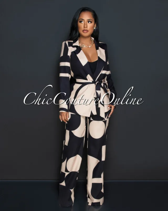 Janeen Black Nude Print Self-Tie Blazer & Wide Pants Set sold by Chic Couture